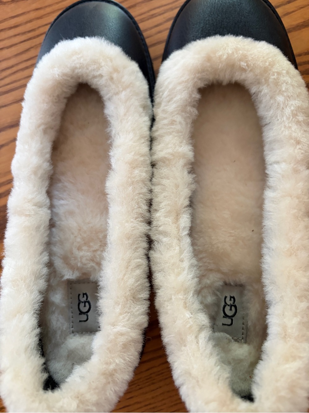 UGG Black Zora Ballet Flat Slip-On Slippers with Cream Shearling Collar - Picture 3 of 4